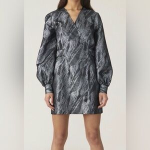 Ganni Black & Silver Metallic Wrap Dress Sz 2